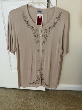 Women's Embroidered Short-Sleeve Cardigan - Beige